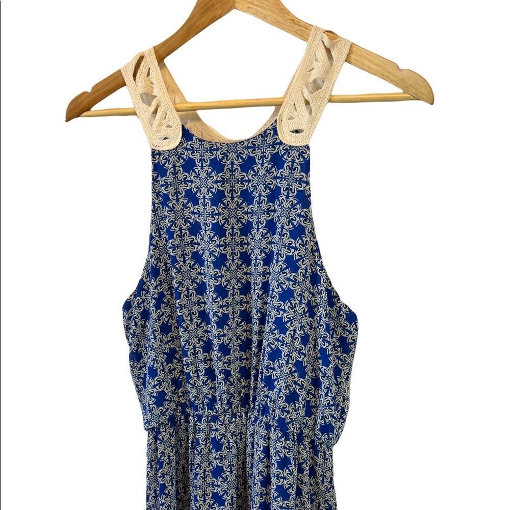 Blue Patterned Crochet Back Gathered Waist Long Dress M - Picture 3 of 11